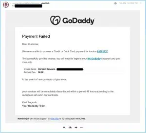 Example phishing email from GoDaddy showing multiple red flags